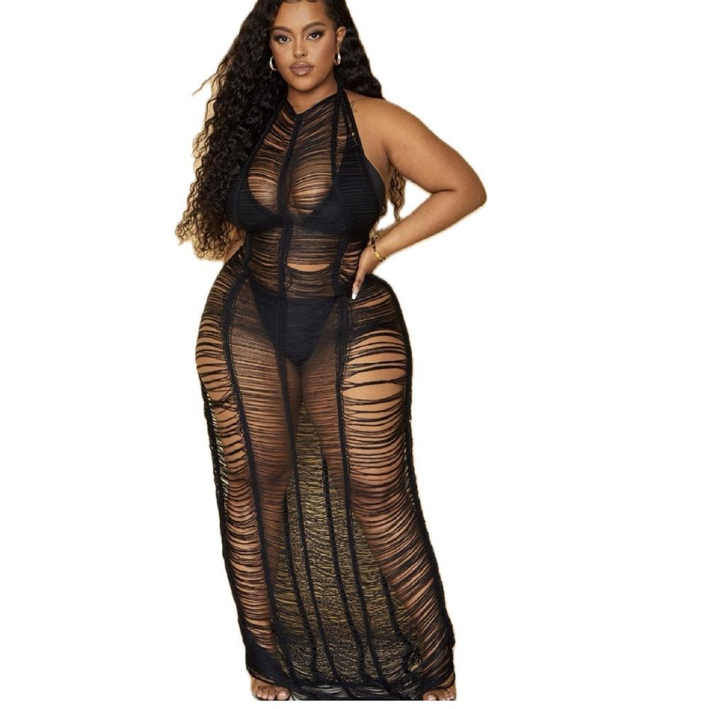 PrettyLittleThing Black Sheer Distressed Maxi Swim Coverup